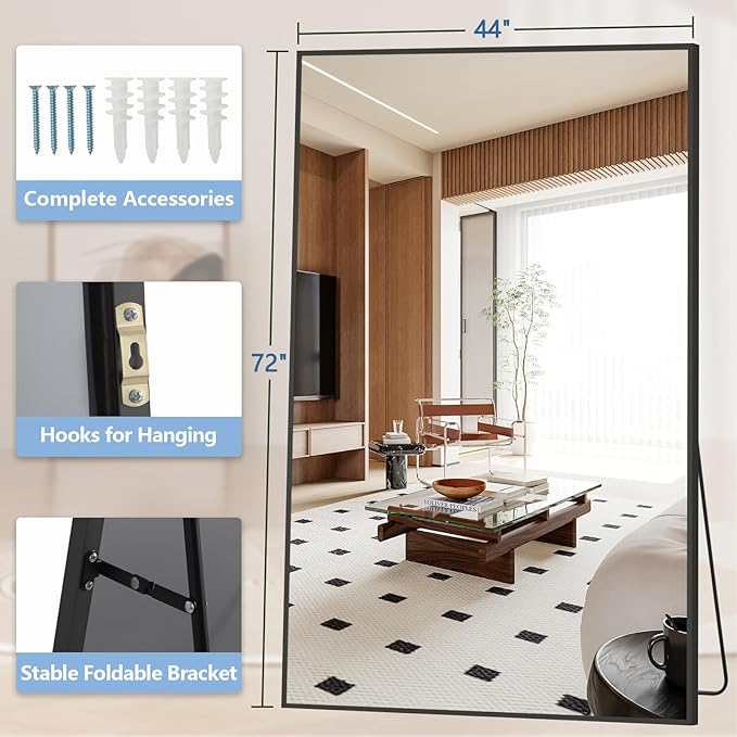 Black Free Standing Mirror Full Length for Gym Bedroom Living Room